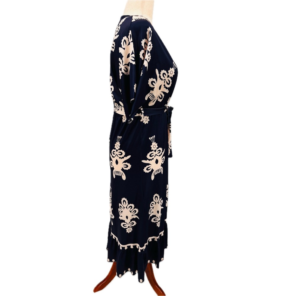 Fashion Navy & White Pull Over Dress Womens V-Neck Belted Ruffled Hem Midi - Picture 4 of 6